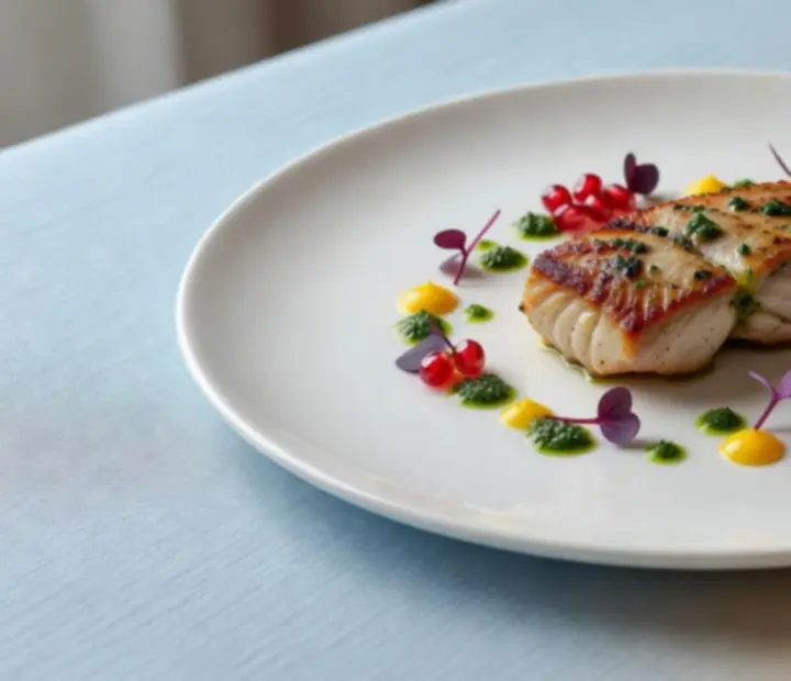 Detail prémiového pokrmu v moderním talíři v restauraci Casceria