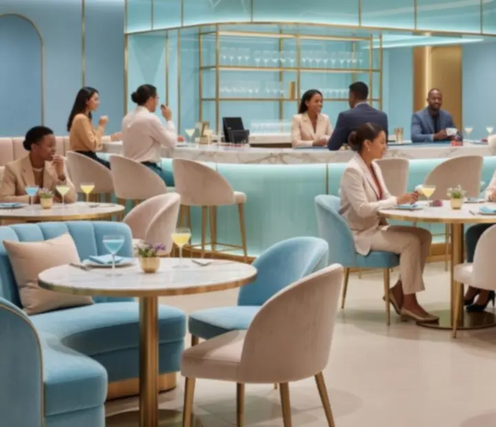 Moderní casino restaurace Casceria s elegantním interiérem a večerním osvětlením