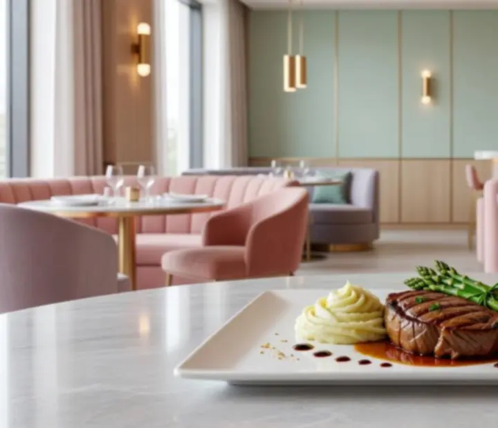 Moderně servírované hlavní chody v prostředí casino restaurace