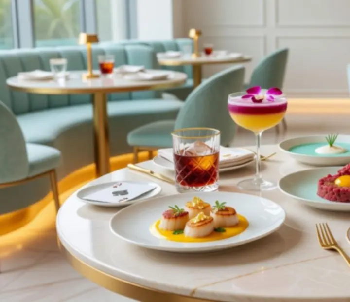 Signature pokrmy a koktejly v moderní casino restauraci Casceria