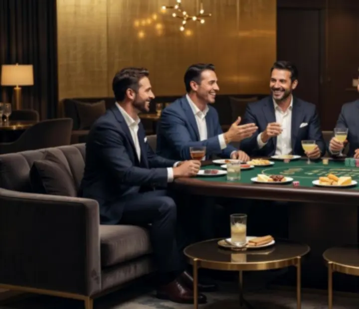 Skupina hostů užívající si večerní program v poker lounge Casceria