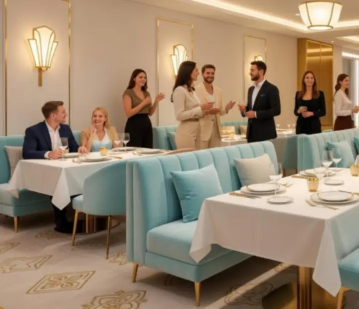 Stylově nasvícený interiér moderní casino restaurace Casceria se stoly připravenými na večerní servis
