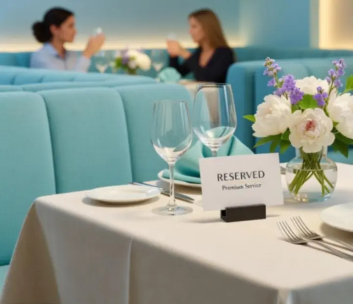 Detail prostřeného stolu v moderní restauraci s tlumeným večerním osvětlením